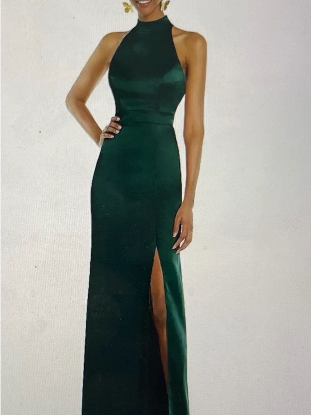 Dessy Collection Evergreen Green Halter Satin Maxi Gown - High Neck, Low Back